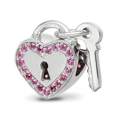 CZ Heart &amp; Key Lock Bead Sterling Silver QRS4212, MPN: QRS4212,