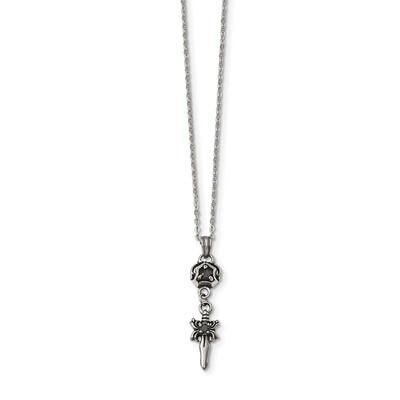 Antiqued and Polished with Black CZ Sword Necklace Stainless Steel SRN1910-18