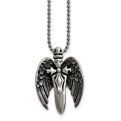 Brushed Back Antiqued Winged Sword Necklace Stainless Steel Polished SRN2037-22 by Chisel, MPN: SRN…