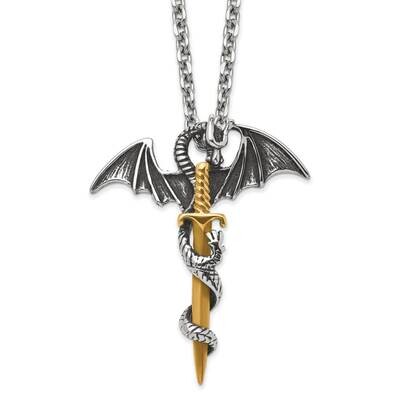 Antiqued &amp; Polished Yellow Ip Dragon/Sword 24 Inch Necklace Stainless Steel SRN2858-24 by Chisel, M…