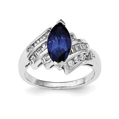 Synthetic Blue Sapphire &amp; CZ Diamond Marquise Ring Sterling Silver Rhodium-plated QR6351, MPN: QR63…