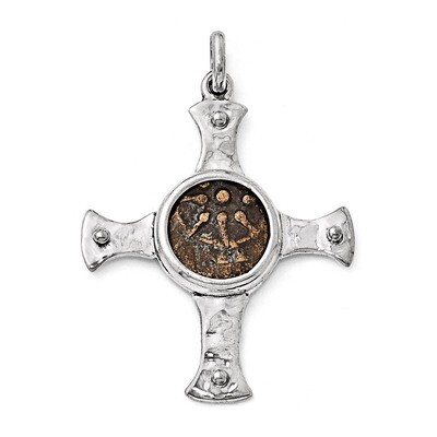 Bronze Antiqued Widows Mite Coin Cross Pendant Sterling Silver QAC106, MPN: QAC106,