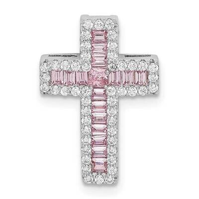 Pink &amp; White CZ Diamond Cross Chain Slide Sterling Silver Rhodium-plated QC9385, MPN: QC9385,