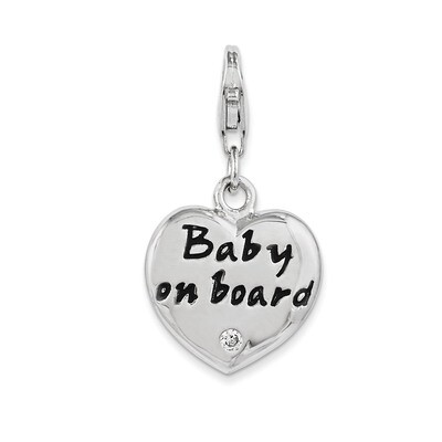 Polished Enameled Synthetic Diamond Baby On Board Heart Charm Sterling Silver QCC1103 by Amore La V…