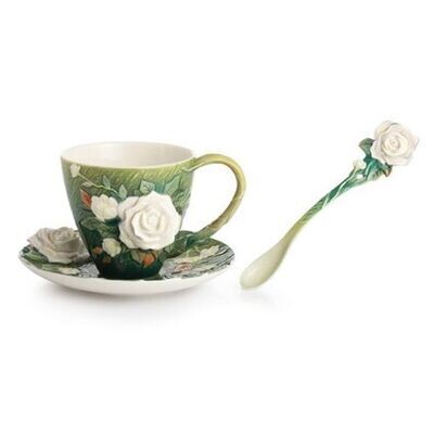 Franz Porcelain Van Gogh White Roses Flower Cup Saucer Spoon Set FZ02461, MPN: FZ02461,