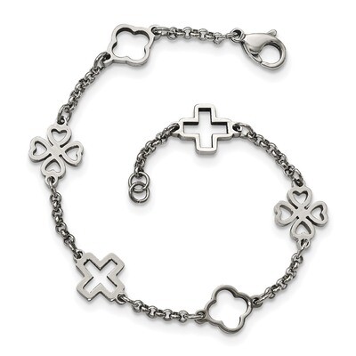 Cross &amp; Clovers Bracelet Stainless Steel SRB1694-7.5 by Chisel, MPN: SRB1694-7.5, 191101644221