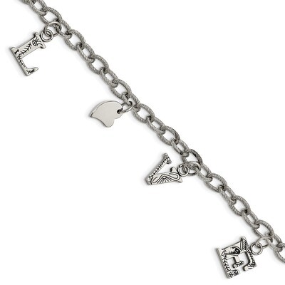 Textured LOVE Charm Bracelet Stainless Steel Polished SRB2135-8.25 by Chisel, MPN: SRB2135-8.25, 19…