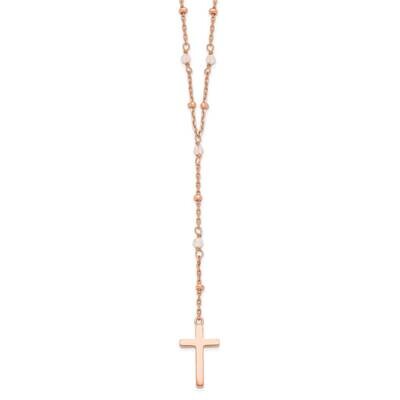 Rose-Tone Rose Quartz Beaded Cross with 2 Inch Extension Necklace Sterling Silver QG6060-16, MPN: Q…