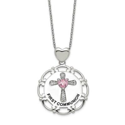 Enameled Pink &amp; Clear Cross Necklace Sterling Silver CZ Diamond QG5302-17.5, MPN: QG5302-17.5, 8867…