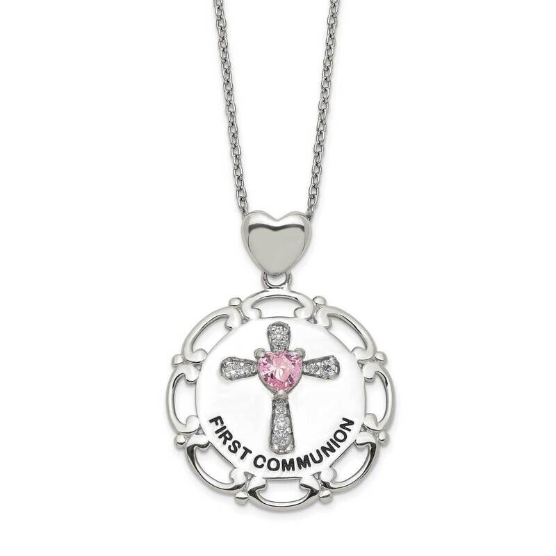 Enameled Pink &amp; Clear Cross Necklace Sterling Silver CZ Diamond QG5302-17.5, MPN: QG5302-17.5, 8867…