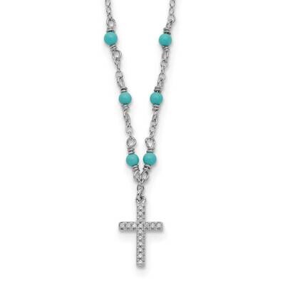 CZ Diamond Cross Synth. Turquoise 2 Inch Extender Necklace 16 Inch Sterling Silver Rhodium-Plated Q…