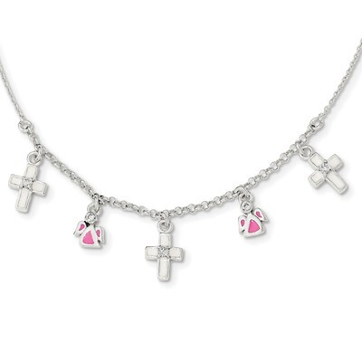 Enamel CZ Diamond Cross and Angels Childs Necklace 14 Inch Sterling Silver QG4092-14, MPN: QG4092-1…