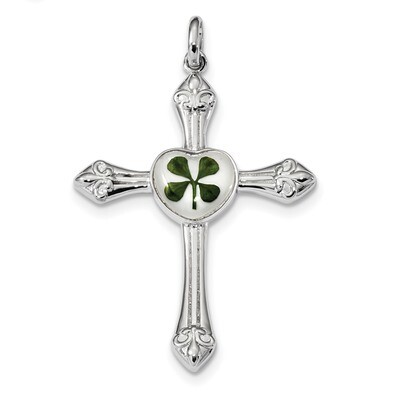 Real Clover Epoxy &amp; Shell Cross Pendant Sterling Silver Platinum-plated QP4756, MPN: QP4756,