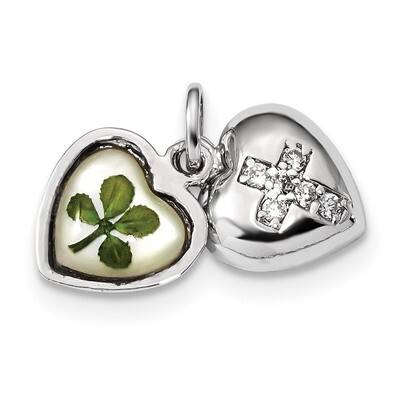 Leaf Clover Epoxy &amp; Shell CZ Diamond Heart Charm Sterling Silver Platinum-plated QP4758, MPN: QP475…