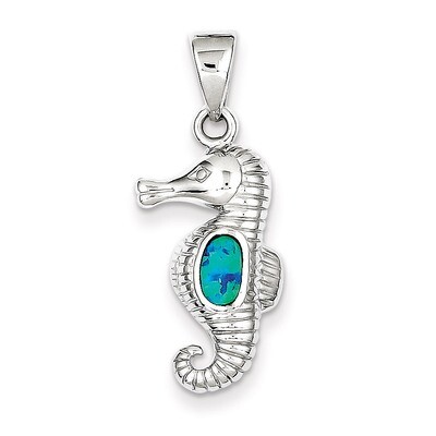 Blue Inlay Created Opal Seahorse Pendant Sterling Silver QC7681, MPN: QC7681, 883957542591
