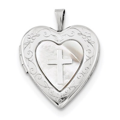 20mm Mother Of Pearl Cross Heart Locket Sterling Silver Rhodium-plated QLS681, MPN: QLS681,