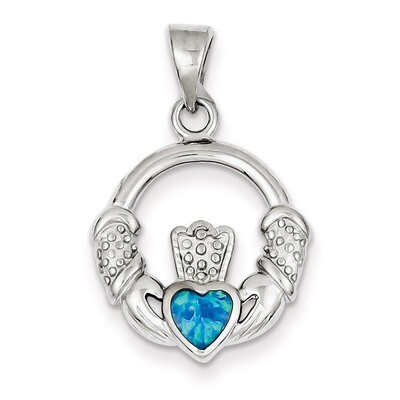Blue Inlay Created Opal Irish Claddagh Pendant Sterling Silver QC7623, MPN: QC7623, 883957532646