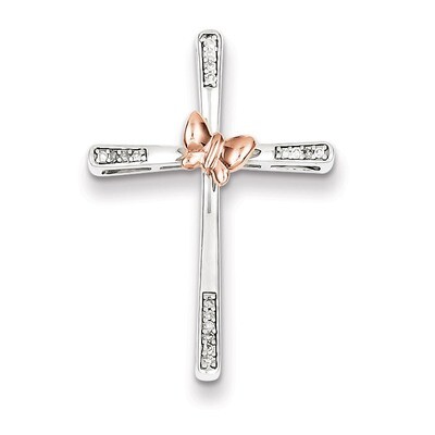 14k Rose Gold Butterfly Diamond Cross Pendant Sterling Silver Rhodium QP3584, MPN: QP3584, 88395746…