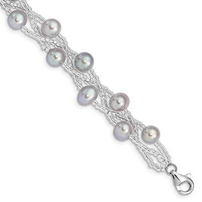 7-9mm Grey Freshwater Cultured Pearl Plastic Bead Bracelet Sterling Silver Rhodium-plated QG5085-7.…