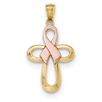 Polished Pink Ribbon Cross Pendant 14k Two-tone Gold K5477, MPN: K5477, 191101365225