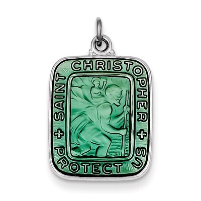 Teal Enamel Square Saint Christopher Medal Pendant Sterling Silver QC7375, MPN: QC7375, 886774582696