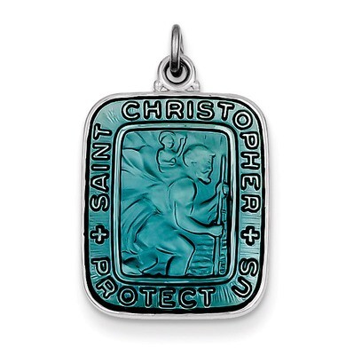 Blue Enamel Square Saint Christopher Medal Pendant Sterling Silver QC7374, MPN: QC7374, 886774582924