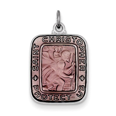 Pink Enamel Square Saint Christopher Medal Pendant Sterling Silver QC7376, MPN: QC7376, 886774582740