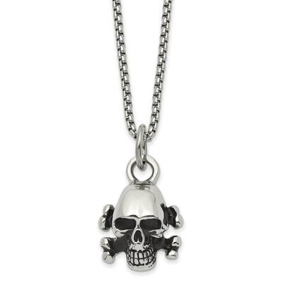 Antiqued and Polished Skull and Cross Bones 24 Inch Necklace Stainless Steel SRN2854-24 by Chisel, …