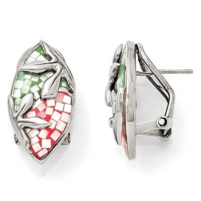 Mosaic Pink &amp; Green MOP Omega Back Earrings Sterling Silver QE11172