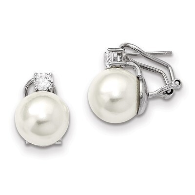 12-13Mm White Shell Pearl CZ Omega Back Earrings Sterling Silver QMJE123W, MPN: QMJE123W, 886774088…