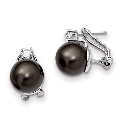 12-13Mm Black Shell Pearl CZ Omega Back Earrings Sterling Silver QMJE123B, MPN: QMJE123B, 883957823…
