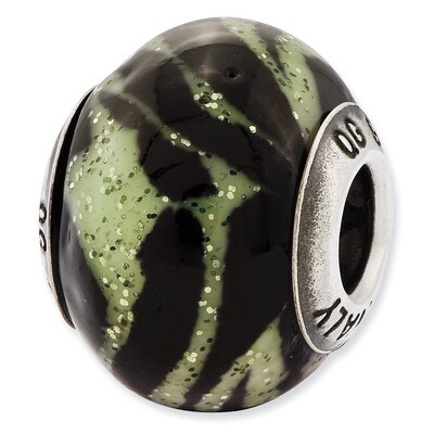 Pink &amp; Green Stripes Glass Bead - Sterling Silver QRS2516, MPN: QRS2516, 883957050065