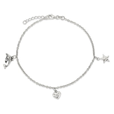 9 Inch Heart, Star &amp; Dolphin Anklet Sterling Silver Polished QG2788-9, MPN: QG2788-9, 886774988214