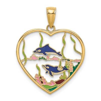 Dolphins In Heart Charm 14k Gold Enamel K6862, MPN: K6862, 637218127450