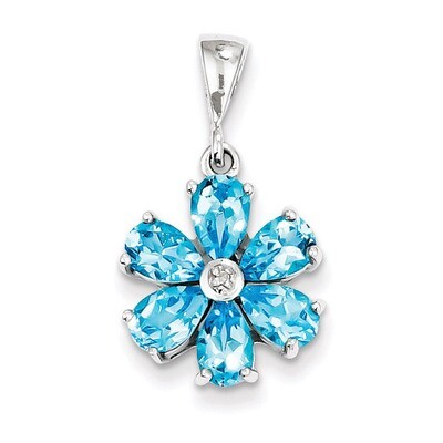 Light Swiss Blue Topaz &amp; Diamond Flower Pendant Sterling Silver QDX516, MPN: QDX516, 883957525440