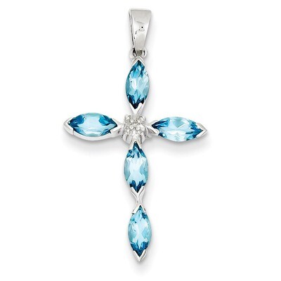 Lt Sw Blue Topaz Cross &amp; Diamond Pendant Sterling Silver Rhodium QDX903, MPN: QDX903, 883957496368