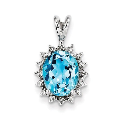Oval Swiss Blue Topaz &amp; Diamond Pendant Sterling Silver Rhodium QDX557, MPN: QDX557, 883957355535