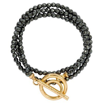 Nikki Lissoni Black Wrap Bracelet with Facet Round Pyrite Beads of 4mm with Gold-Plated T-Bar Closu…