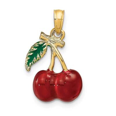 Enamel Cherries with Stem Leaf Charm 14k Gold 3-D K6924, MPN: K6924, 637218131358