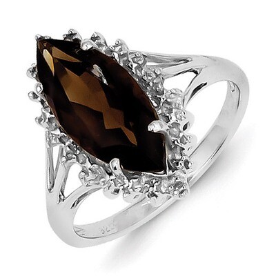 Smokey Quartz Diamond Ring Sterling Silver Rhodium QDX670, MPN: QDX670, 883957355719