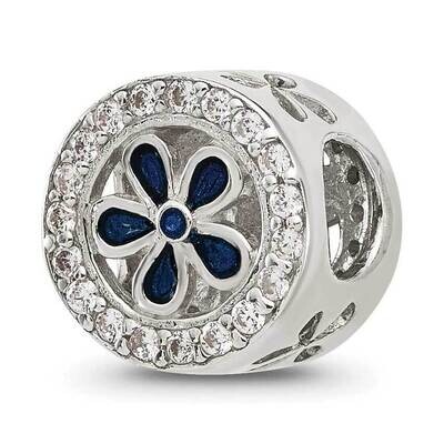 Polished CZ and Blue Enamel Flower Circle Bead Sterling Silver QRS4374, MPN: QRS4374,