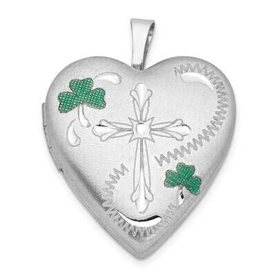 21mm Brushed/Polish Cross Enameled Clover Heart Locket Sterling Silver QLS897, MPN: QLS897, 8867740…