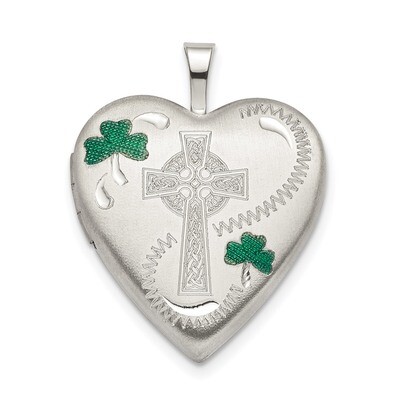 20mm Green Enamel Clover Cross Heart Locket Sterling Silver QLS795, MPN: QLS795, 886774013756