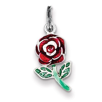 Green &amp; Red Enamel Rose Charm Sterling Silver QC7546, MPN: QC7546, 883957572345