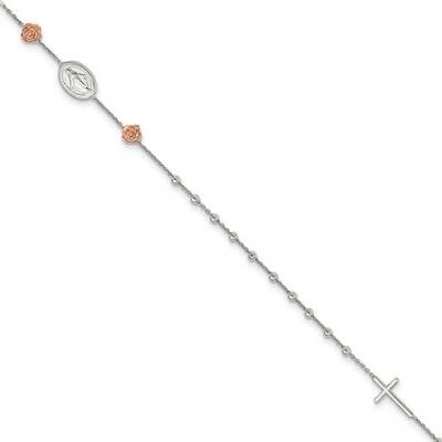 Rose Gold Roses with Cross with 1in .ext Bracelet Sterling Silver QG5119-7, MPN: QG5119-7, 19690416…