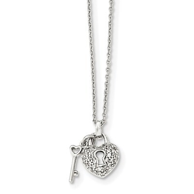 CZ Diamond Heart Lock &amp; Key with 2 inch Extender Necklace 16.5 Inch Sterling Silver Polished QG4033…