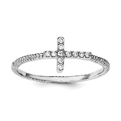 Textured CZ Diamond Cross Ring Sterling Silver Rhodium-plated Polished QR6204, MPN: QR6204,