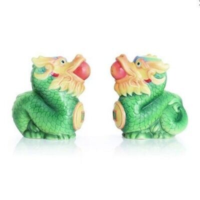Franz Porcelain Green Dragon With A Ball Design Sculptured Porcelain Salt and Pepper Shakers With G…