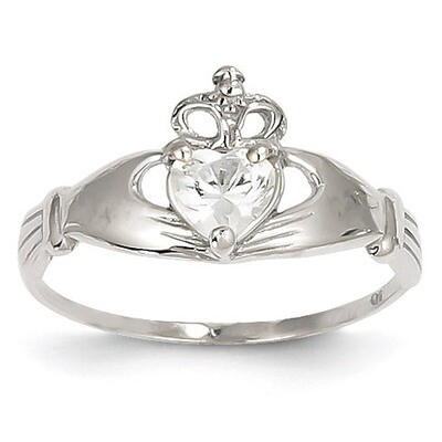 Synthetic Diamond April Birthstone Claddagh Heart Ring 14k White Gold D1783, MPN: D1783, 8839578988…
