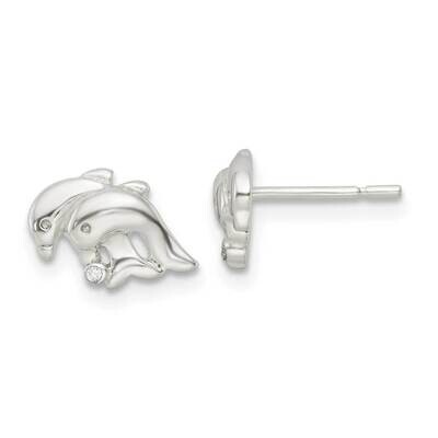 CZ Diamond Twin Dolphin Post Earrings Sterling Silver Polished QE16497, MPN: QE16497, 196904167519
